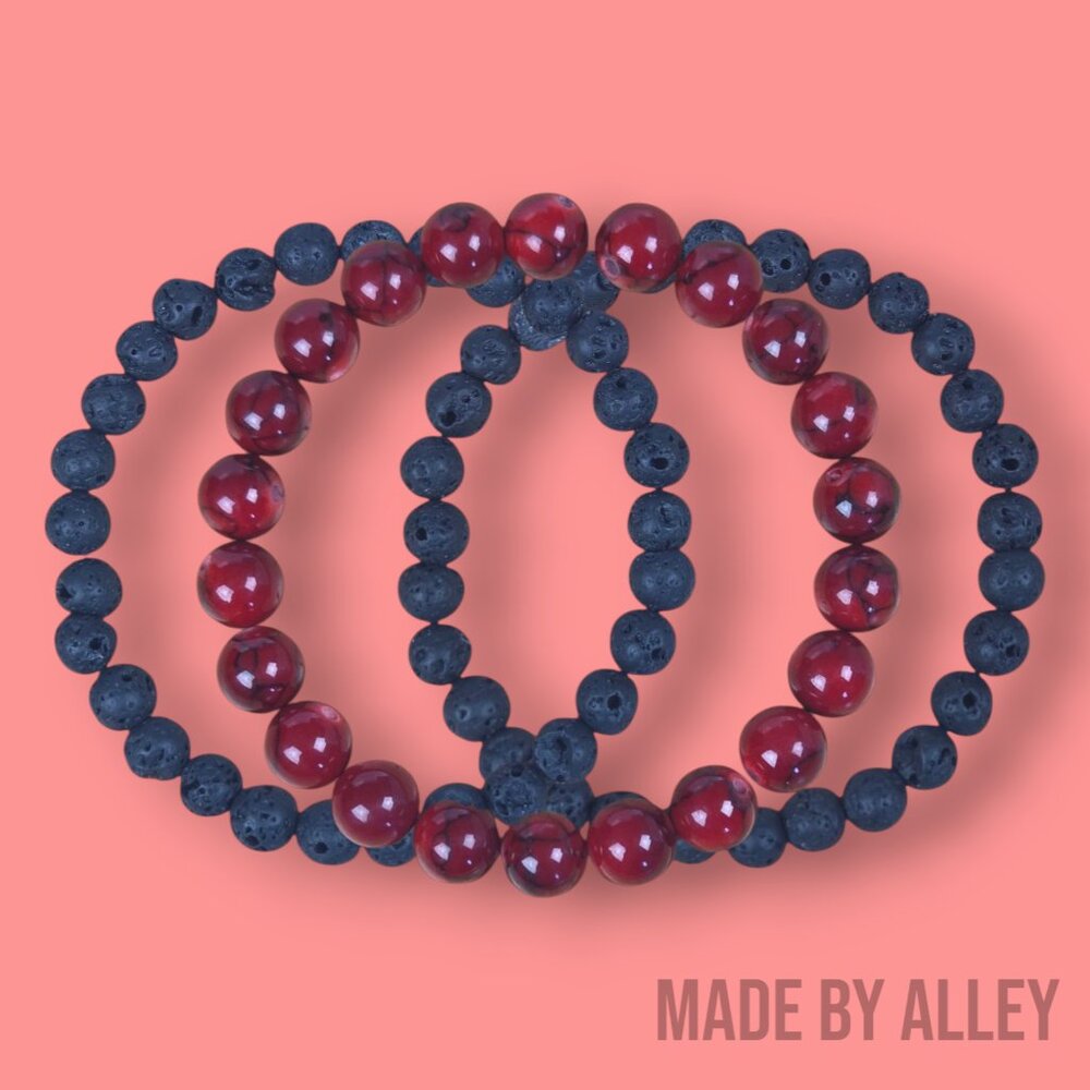 Handmade Dark Red Quartz & Black Lava Rock Set of Three Round Beaded Bracelets
